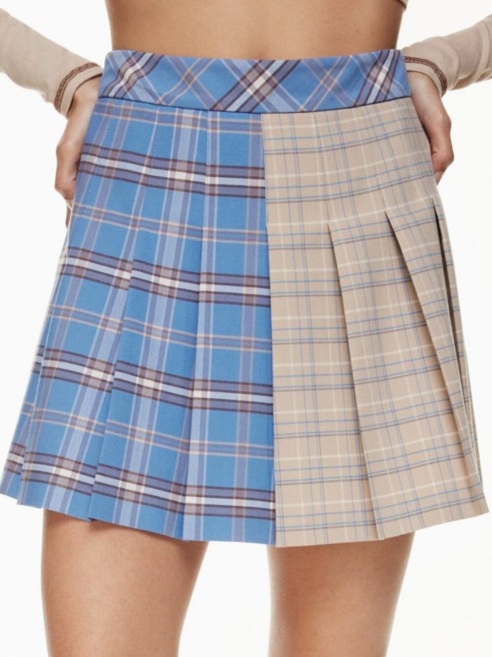 New Aritzia Olive Plaid Pleated Mini Skirt Blue Beige 10 $88 - Picture 1 of 7